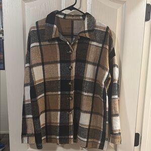 Plaid Button-Up Shacket in Brown and Black